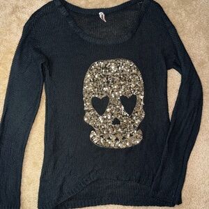 Event Black Knit Sweater - Gold Sequin Heart Eye Skull - Size S